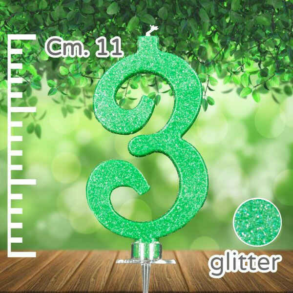 Candelina Verde Numero 3 Glitterata