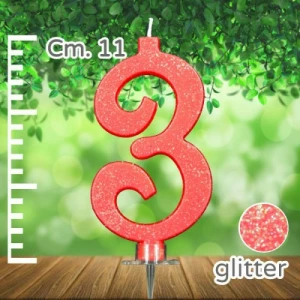 Candelina Numero 3 Rossa Glitterata