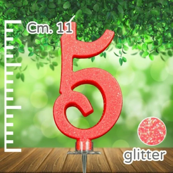 Candelina Numero 5 Rossa Glitterata
