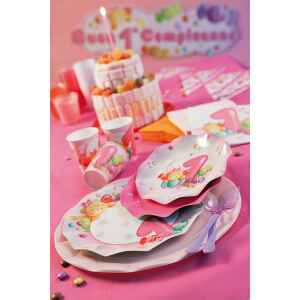 Piatti Piani di Carta Primo Compleanno Rosa 27 cm 2 confezioni Extra