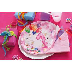 Piatti Piani di Carta Primo Compleanno Palloncini Rosa 27 cm 2 confezioni Extra