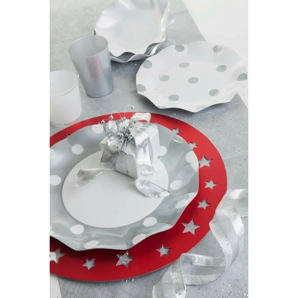 Piatti Piani di Carta a Petalo Pois Argento 21 cm 10 Pz_2