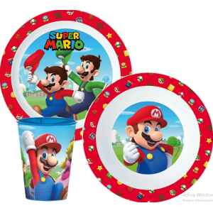 Servizio da tavola Super Mario Bros con bicchiere plastica per microonde 3 Pz